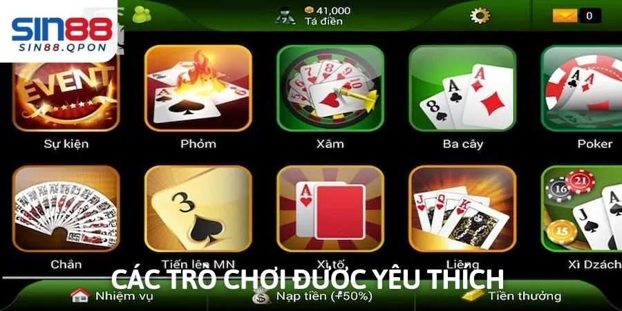 Các trò chơi được yêu thích tại game bài SIN88