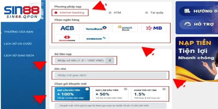 Nạp tiền SIN88 E - Banking an toàn, nhanh chóng