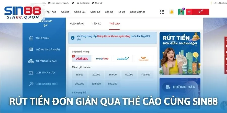 Rút tiền đơn giản qua thẻ cào cùng sin88